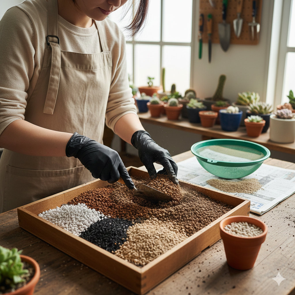 エケベリアローラ用の土を配合する日本人女性。赤玉土、軽石、くん炭、鹿沼土などの園芸資材が木製の箱に分けられている。