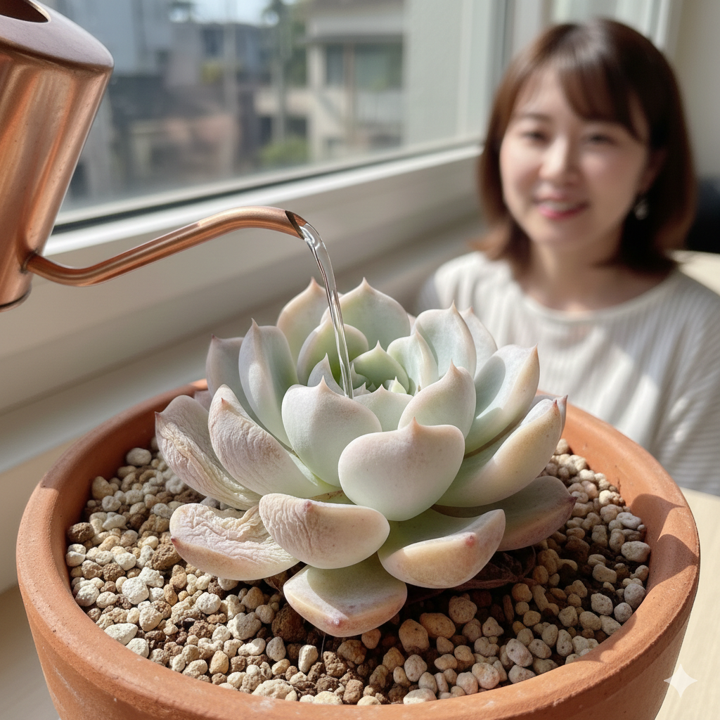 葉に少しシワが寄ったエケベリアローラに、先の細いジョウロで慎重に水やりをする日本人女性。
