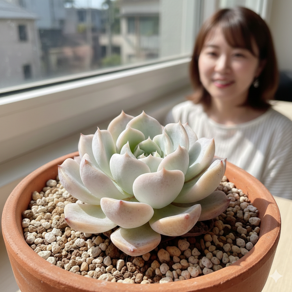 窓辺で育てられている美しいエケベリアローラと、それを見守る日本人女性。