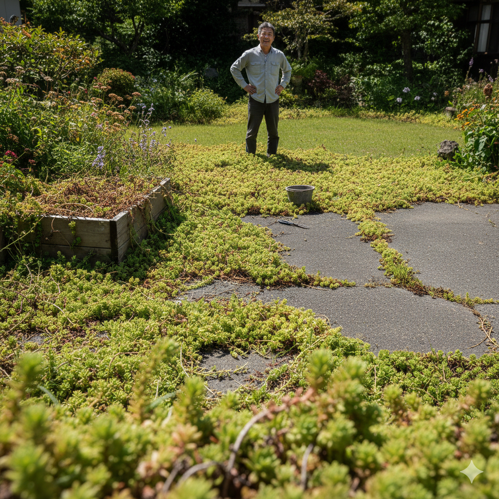 庭のセダムがアスファルトの通路や花壇を侵食し、制御不能な状態になっている様子。中央には困惑した表情で腰に手を当てる日本人男性が立っている。