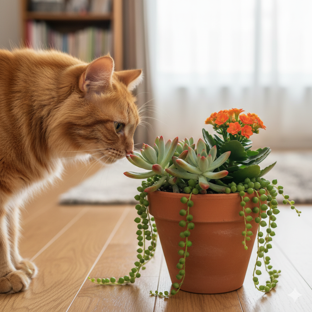 室内でテラコッタ鉢に入ったセダム、グリーンネックレス、カランコエの寄せ植えを好奇心旺盛に嗅ぐ茶トラ猫の姿。