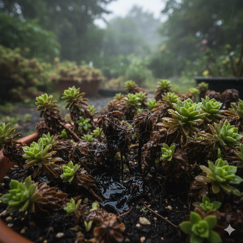 梅雨の雨に打たれ、泥のように溶けて黒ずんでしまったセダムの鉢植え。周囲の健康なセダムとの対比が印象的。