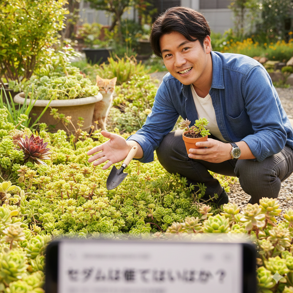 庭でセダムに囲まれながら、スマートフォンで「セダム 植えてはいけない？」と検索している日本人男性。心配そうな表情でセダムの小鉢とスコップを持ち、猫が近くで見守っている。
