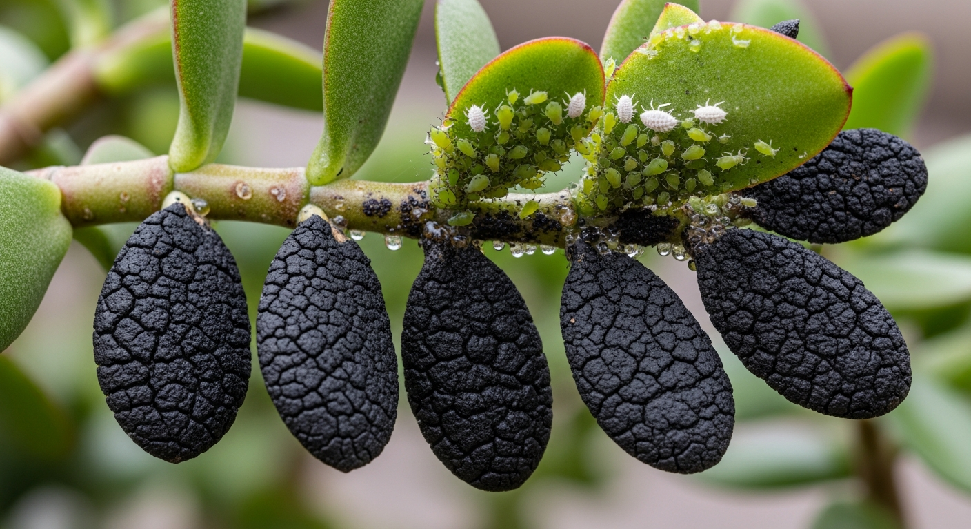 害虫の排泄物（甘露）が原因で発生したすす病。葉の表面が黒いカビで覆われ、近くにはアブラムシやカイガラムシがいる。