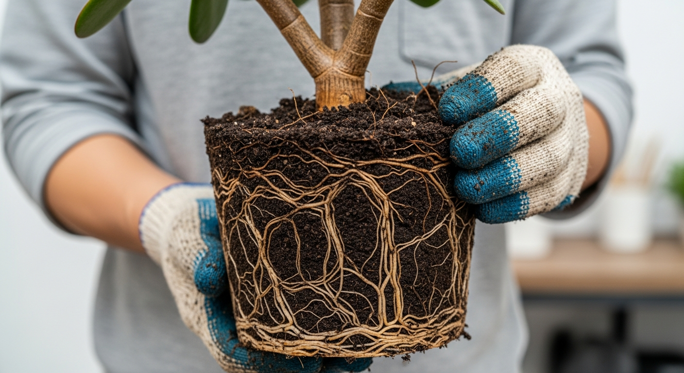 鉢から取り出された根腐れした金のなる木の根鉢。根は茶色く腐敗し、茎の根元も変色して柔らかくなっている。