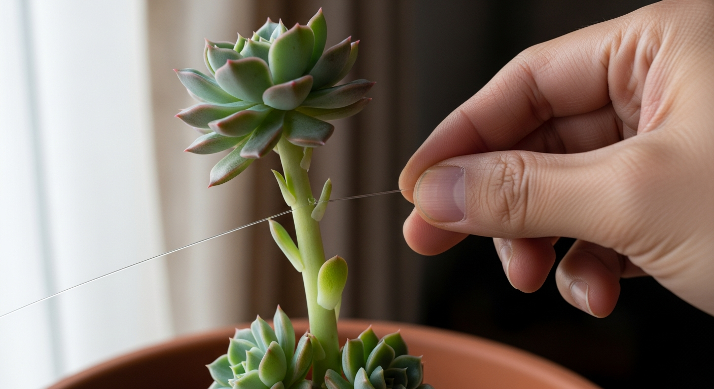 徒長したプロリフィカの茎を、下葉を残してテグスでカットしようとしている様子