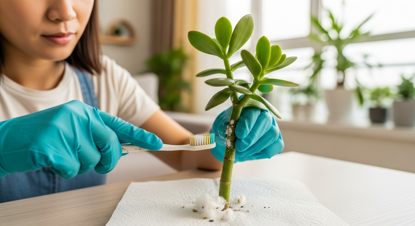 歯ブラシを使って金のなる木の茎についたカイガラムシを物理的にこすり落としている作業の様子。