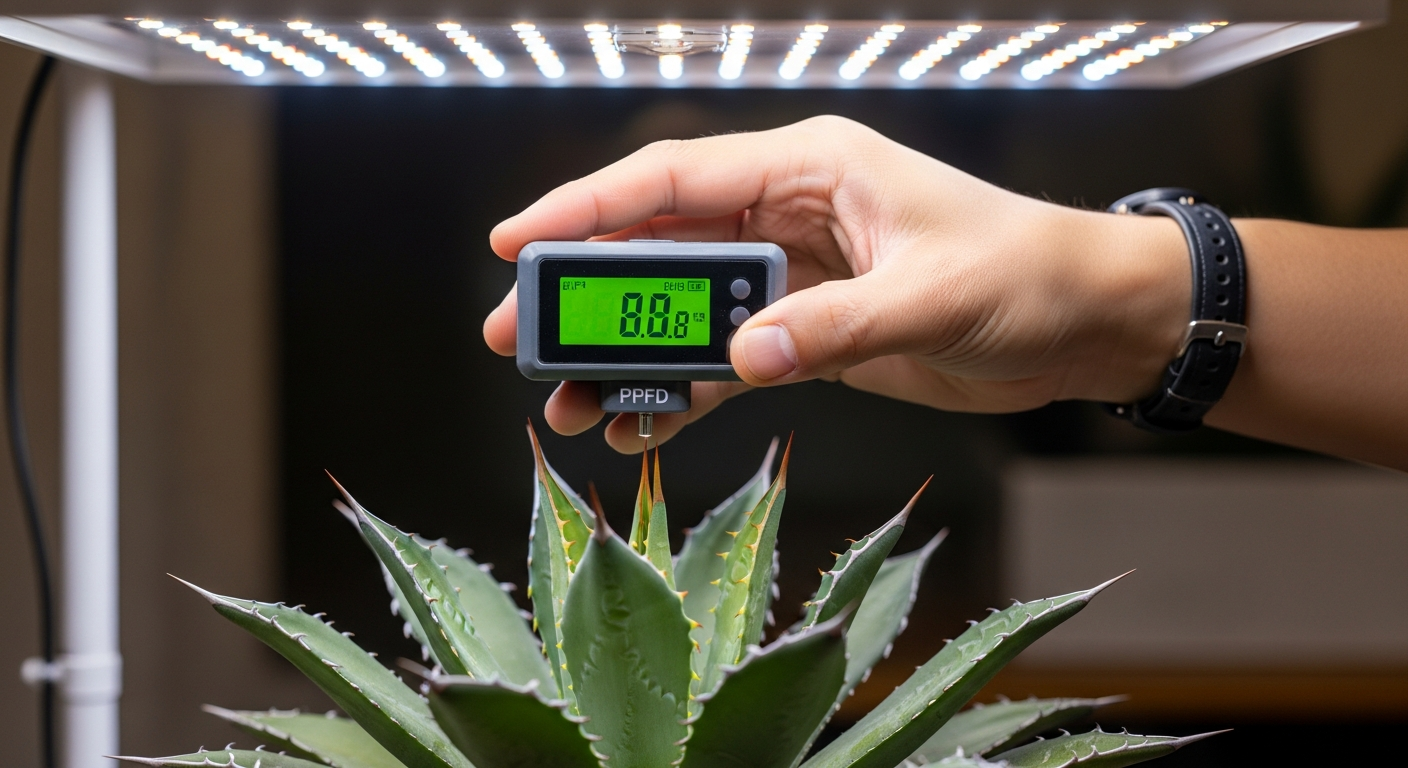 LEDライトの下でアガベの葉の近くにPPFD測定器をかざして光量を測定している様子