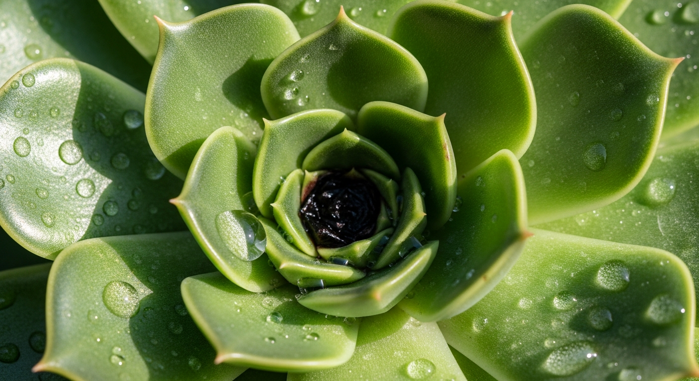 成長点が黒く変色し、壊死してしまった「芯腐れ」を起こしたエケベリアの写真。