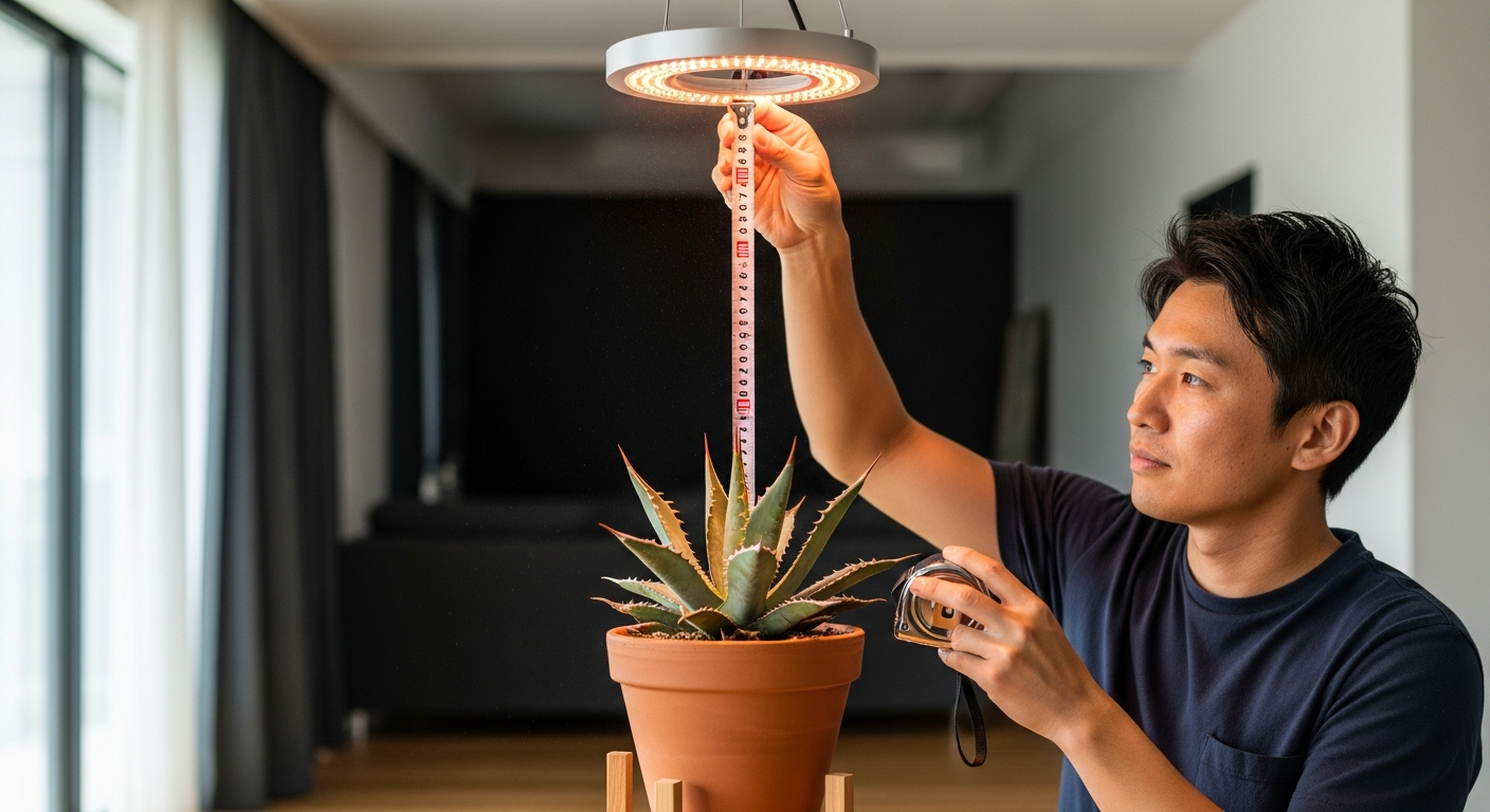 LEDライトと植物の間の距離をメジャーで測り、適切な高さに調整している様子