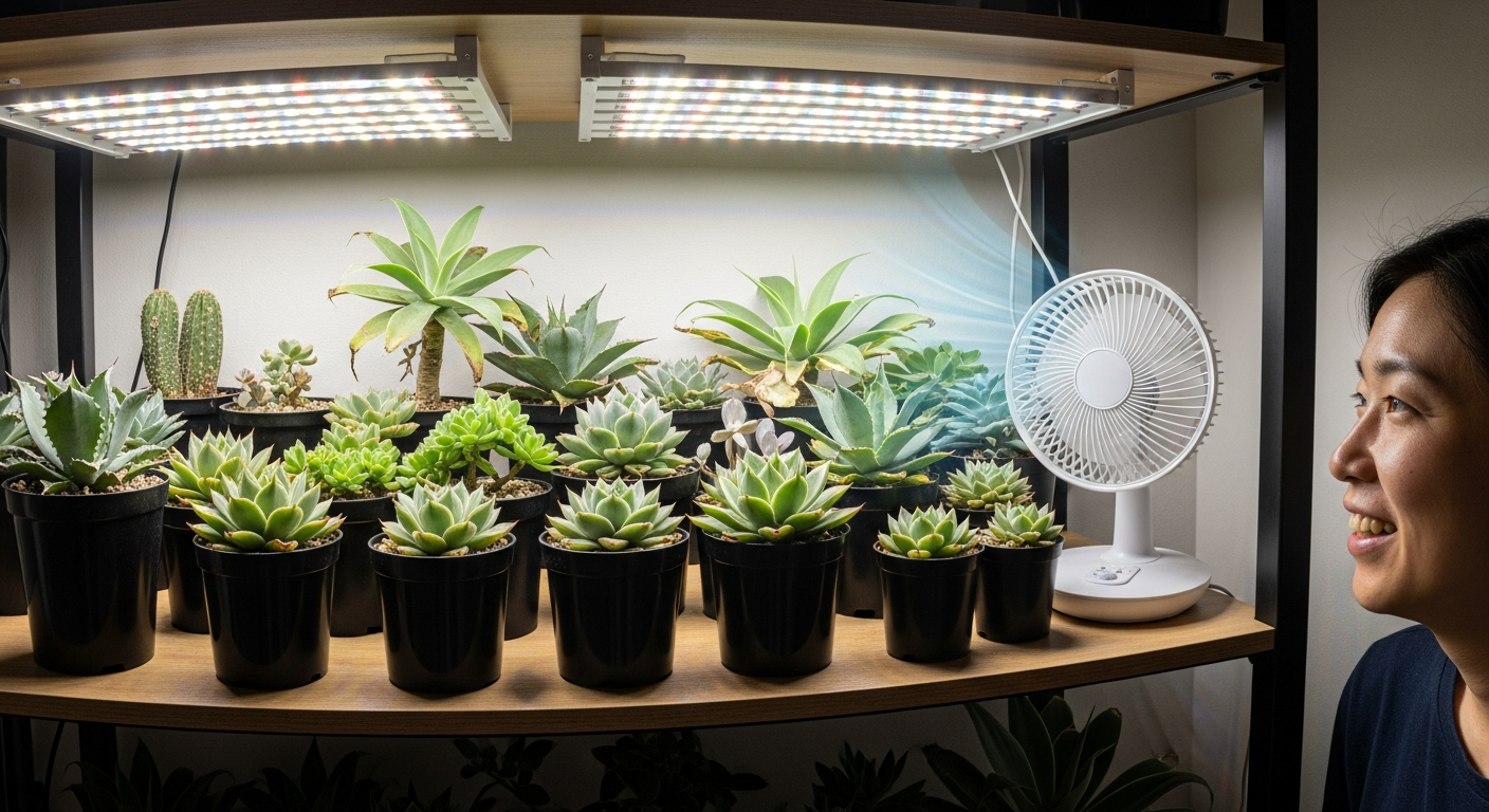 LEDライトで照らされた多肉植物の棚に向けてサーキュレーターで風を送っている理想的な栽培環境
