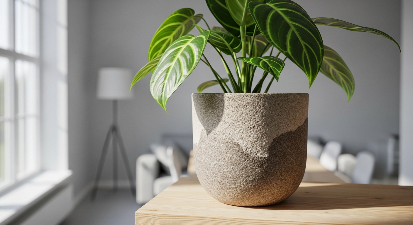 北欧風のリビングに馴染む、マットな質感のエコポリマー製鉢に植えられた観葉植物