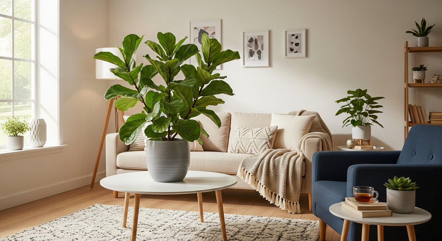リビングの主役になる、大きなハート型の葉が特徴のフィカス・ウンベラータの鉢植え