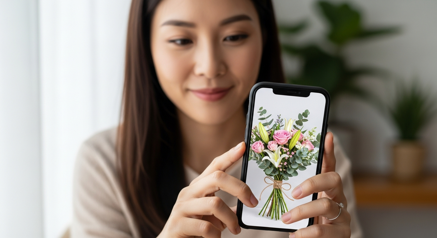 スマホでアンドプランツから送られてきた発送前の花束写真を確認し、安心している女性
