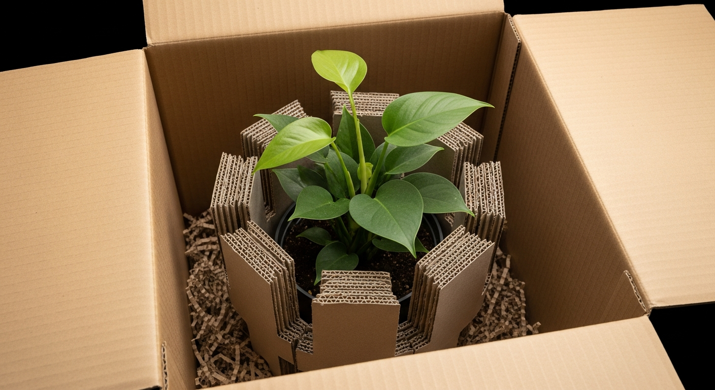 専用の配送ダンボール箱内でしっかりと固定され、安全に梱包された観葉植物