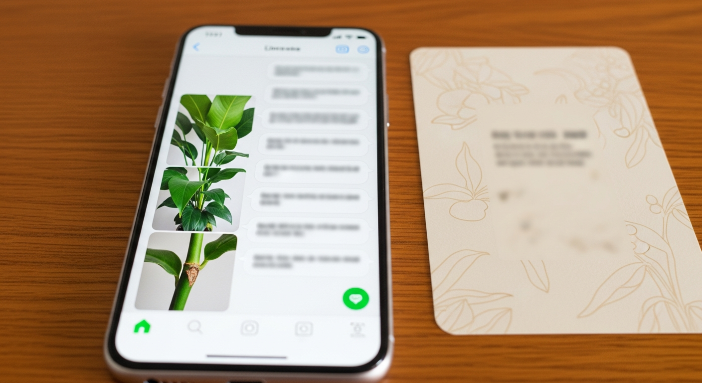 スマホでのLINE相談画面のイメージと、横に置かれた植物のケアカード